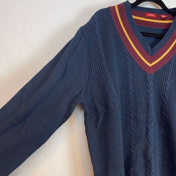 Vintage IZOD Sweater Men's XL Blue Chunky Cable Knit Wool Blend V Neck Pullover - Picture 3 of 12